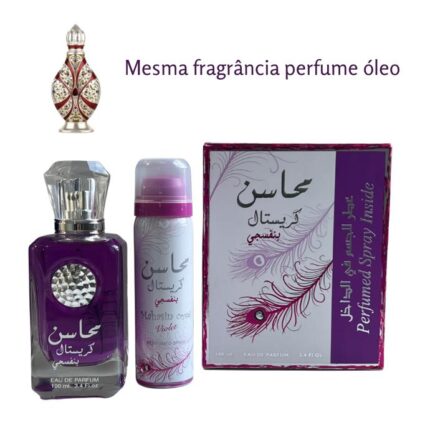 KIT Mahasin Crystal Violet Attar Lattafa Perfume Spray 100 ml + Desodorante Corporal – Perfume Árabe